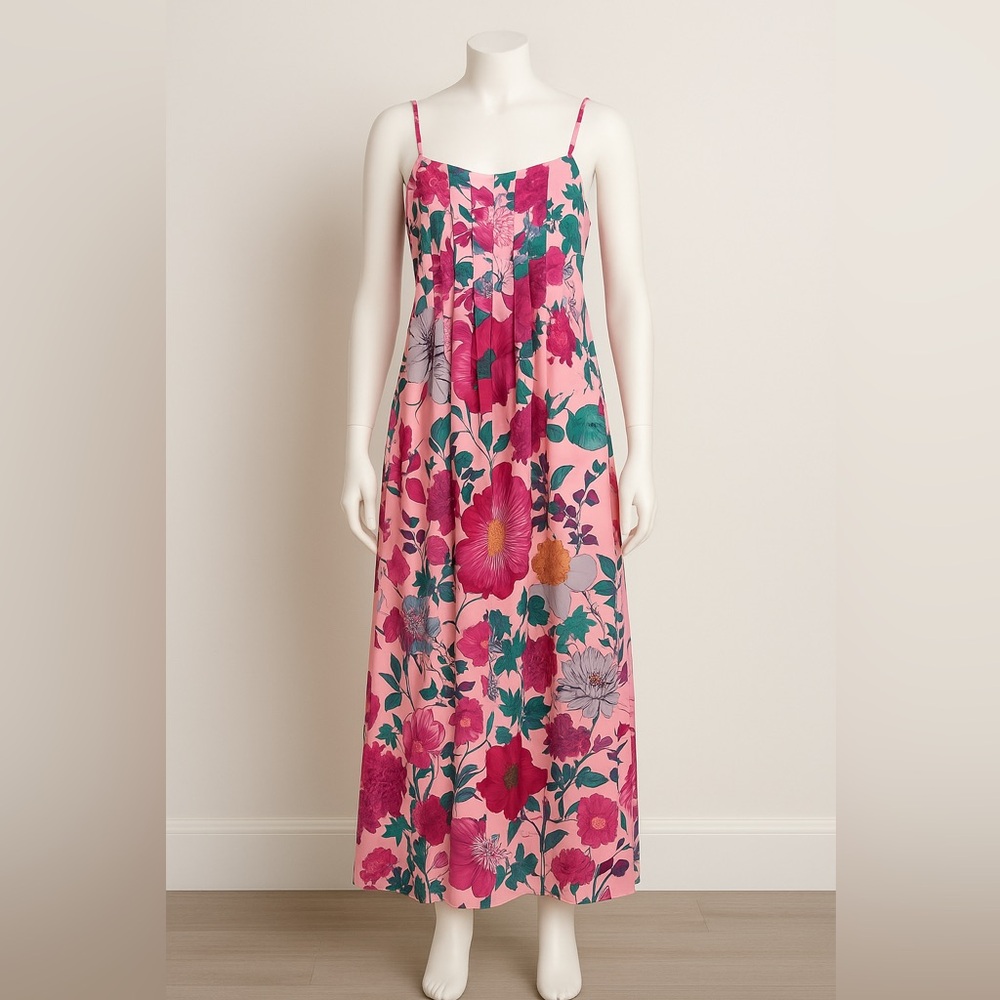 Floral Pink Satin Maxi Dress – Size M